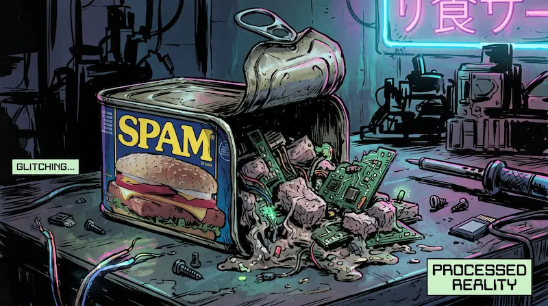 Illustration d'une boîte de conserve de SPAM ouverte laissant s'échapper du jambon reconstitué et des circuits imprimés.